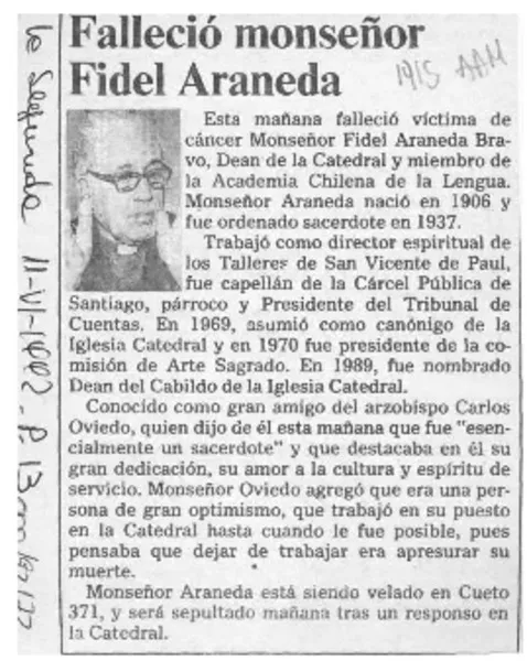 Falleció monseñor Fidel Araneda  [artículo].