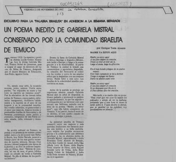 Un poema inédito de Gabriela Mistral conservado por la comunidad israelita de Temuco  [artículo] Enrique Testa Arueste.