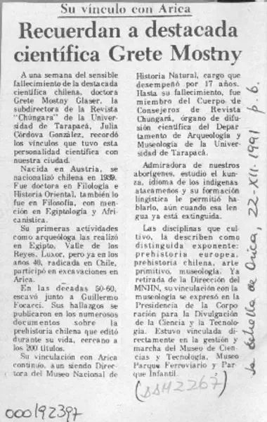 Recuerdan a destacada científica Grete Mostny  [artículo].