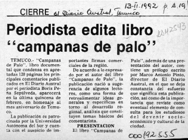 Periodista edita libro "campanas de palo"  [artículo].