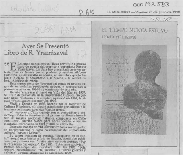 Ayer se presentó libro de R. Yrarrázaval  [artículo].