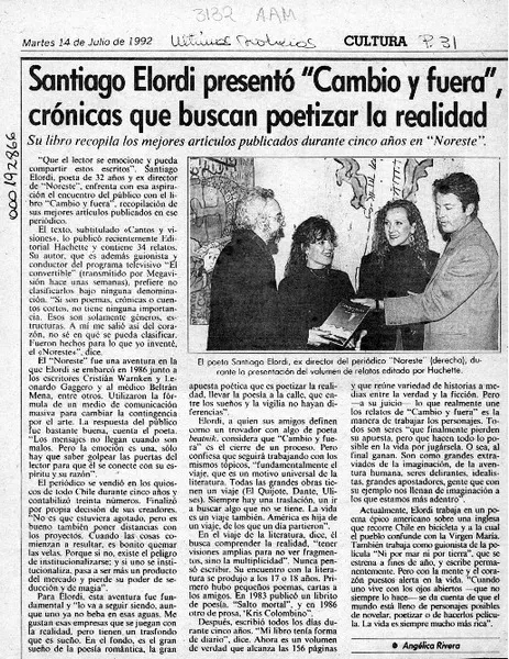 Santiago Elordi presentó "Cambio y fuera"  [artículo] Angélica Rivera.