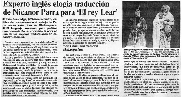 Experto inglés elogia traducción de Nicanor Parra para "El rey Lear"  [artículo].