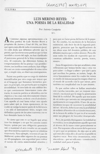 Luis Merino Reyes, una poesía de la realidad  [artículo] Antonio Campaña.