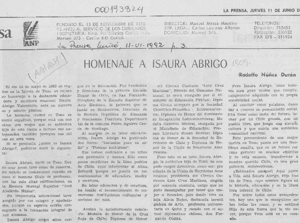 Homenaje a Isaura Abrigo  [artículo] Rodolfo Núñez Durán.