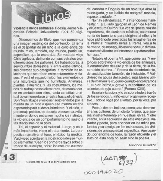 Violencia de los animales  [artículo] Fernando Quilodrán.