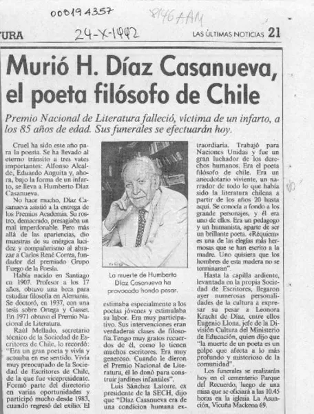 Murió H. Díaz Casanueva, el poeta filósofo de Chile  [artículo].