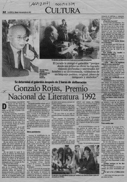 Gonzalo Rojas, Premio Nacional de literatura 1992 (entrevista)  [artículo] Alejandra Gajardo.