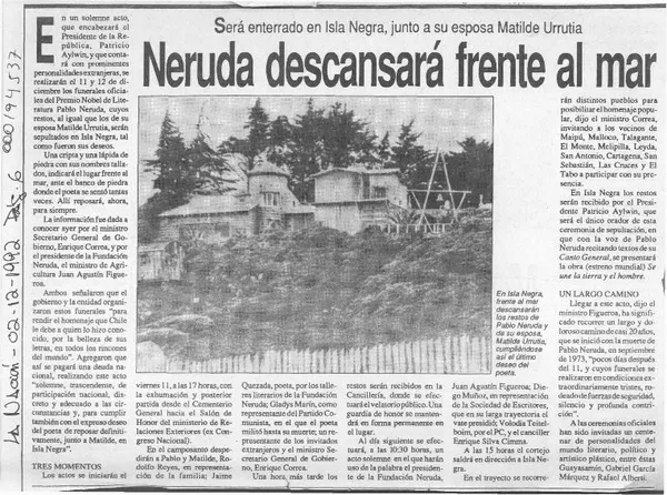 Neruda descansará frente al mar  [artículo].