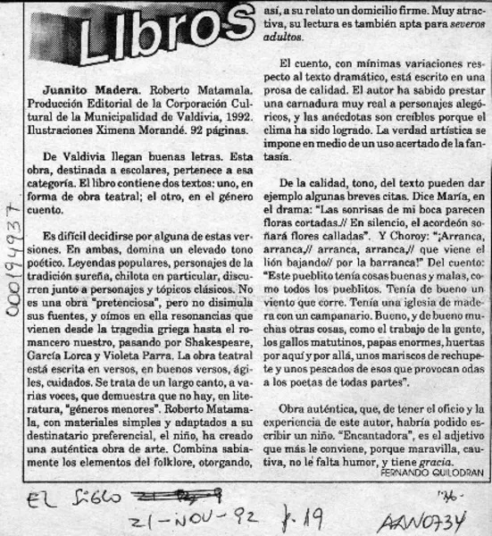 Juanito Madera  [artículo] Fernando Quilodrán.