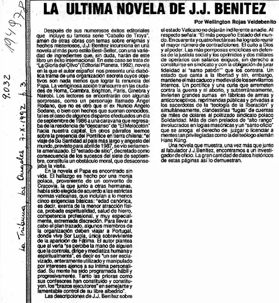 La última novela de J. J. Benítez  [artículo] Wellington Rojas Valdebenito.