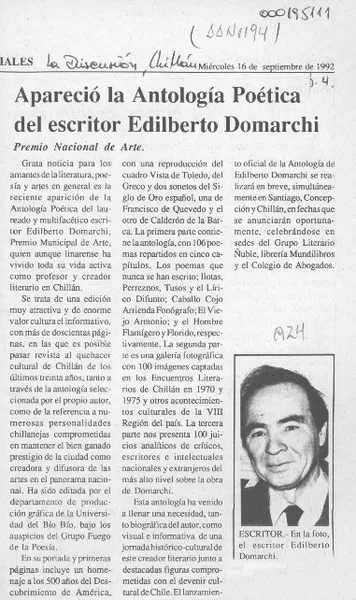 Apareció la Antología Poética del escritor Edilberto Domarchi  [artículo].