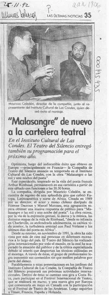 "Malasangre" de nuevo a la cartelera teatral  [artículo].
