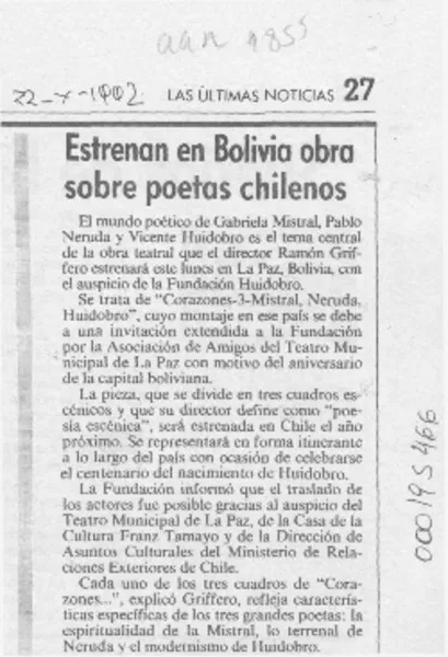 Estrenan en Bolivia obra sobre poetas chilenos  [artículo].