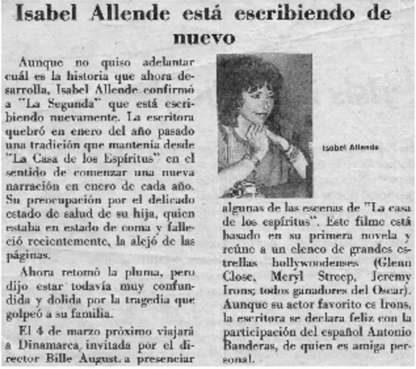 Isabel Allende está escribiendo de nuevo  [artículo].