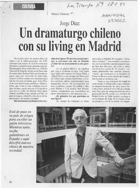 Un dramaturgo chileno con su living en Madrid  [artículo] Mónica Villarroel.