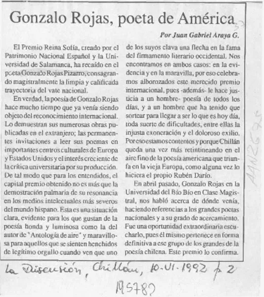 Gonzalo Rojas, poeta de América  [artículo] Juan Gabriel Araya G.