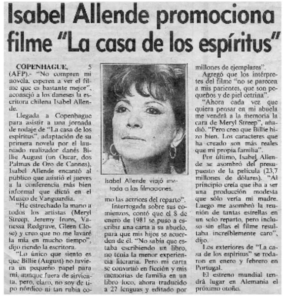 Isabel Allende promociona filme "La casa de los espíritus"  [artículo].
