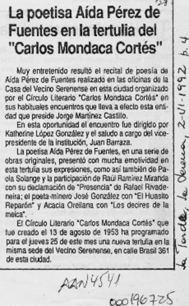 La poetisa Aída Pérez de Fuentes en la terulia del "Carlos Mondaca Cortés"  [artículo].