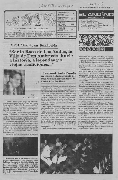 "Santa Rosa de los Andes, la villa de Don Ambrosio, huele a historia, a leyendas y a viejas tradiciones -- "  [artículo] Carlos Tapia Canelo.