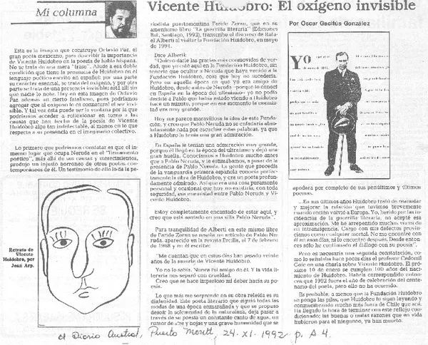 Vicente Huidobro, el oxígeno invisible  [artículo] Oscar Gacitúa González.