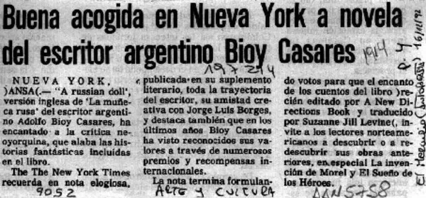 Buena acogida en Nueva York a novela del escritor argentino Bioy Casares  [artículo]