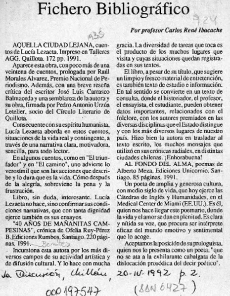 Fichero bibliográfico  [artículo] Carlos René Ibacache.