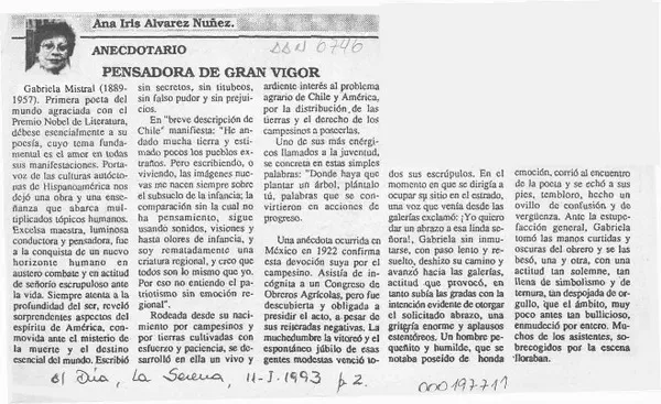 Pensadora de gran vigor  [artículo] Ana Iris Alvarez Núñez.
