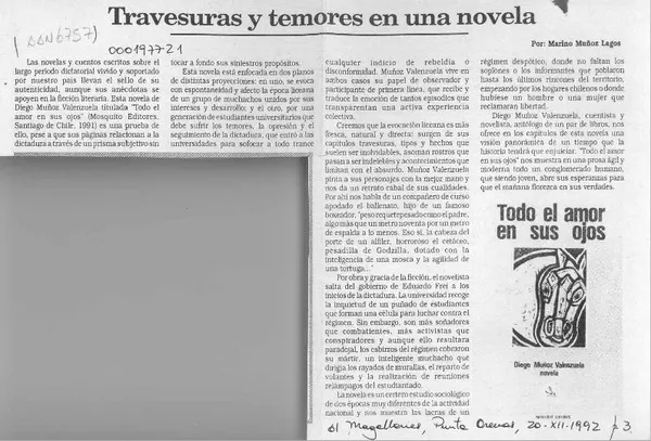Travesuras y temores en una novela  [artículo] Marino Muñoz Lagos.