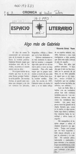 Algo más de Gabriela  [artículo] Gioconda Gómez Reyes.