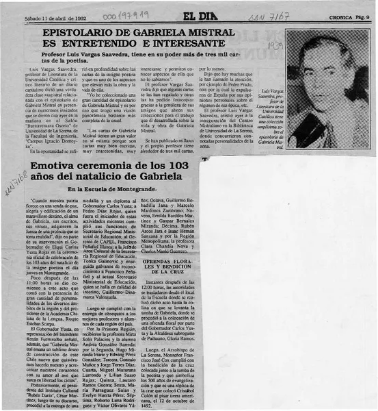 Epistolario de Gabriela Mistral es entretenido e interesante  [artículo].