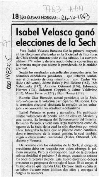 Isabel Velasco ganó elecciones de la Sech  [artículo].
