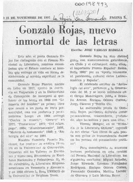 Gonzalo Rojas, nuevo inmortal de las letras  [artículo] José Vargas Badilla.