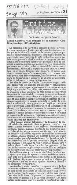 Cecilia Casanova, "Los invitados de tu memoria"  [artículo] Carlos Jorquera Alvarez.