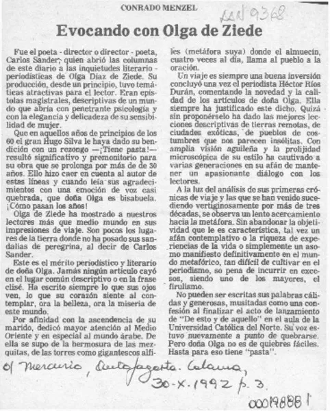 Evocando con Olga de Ziede  [artículo] Conrado Menzel.