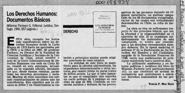 Los derechos humanos, documentos básicos  [artículo] Tomás P. Mac Hale.