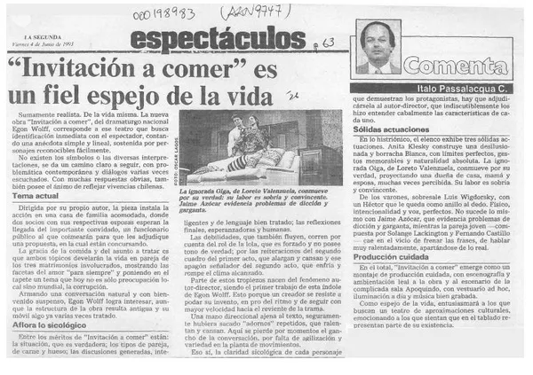 "Invitación a comer" es un fiel espejo de la vida  [artículo] Italo Passalacqua C.
