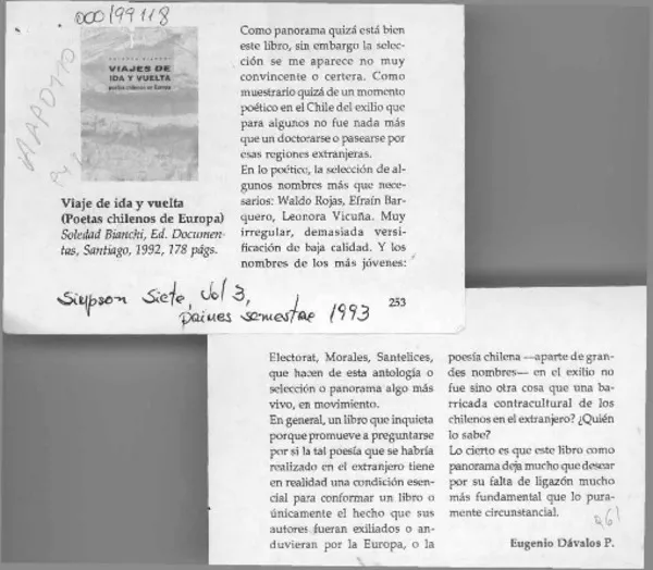 Viajes de ida y vuelta (poetas chilenos en Europa)  [artículo] Eugenio Dávalos P.