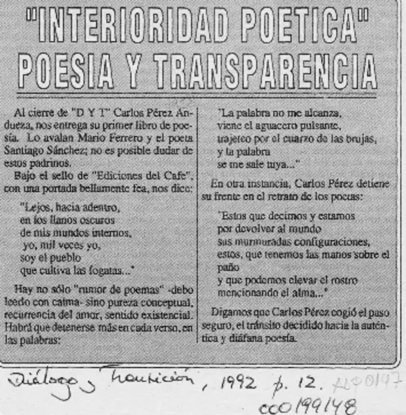 "Interioridad poética" poesía y transparencia  [artículo].