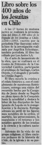 Libro sobre los 400 años de los jesuitas en Chile  [artículo].
