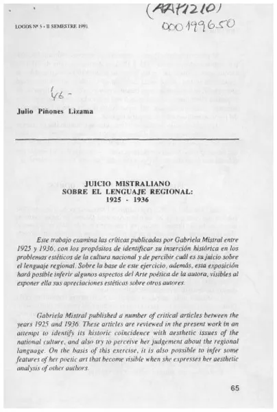 Juicio mistraliano sobre el lenguaje regional, 1925-1936  [artículo] Julio Piñones Lizama.