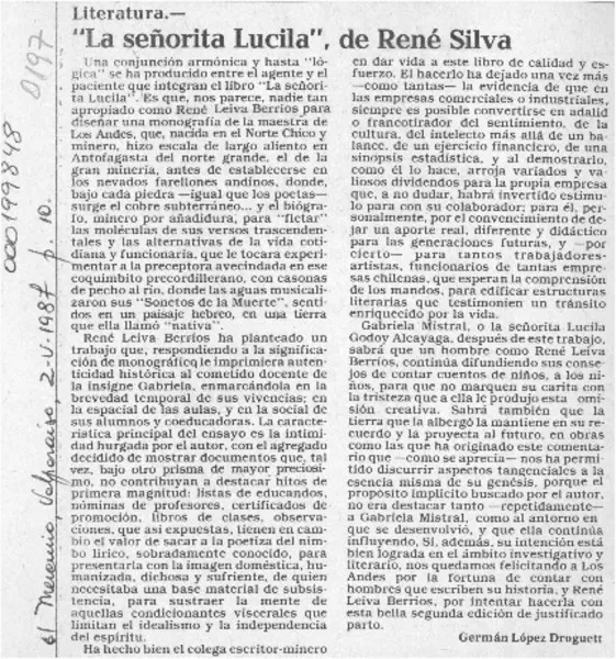 "La señorita Lucila", de René Leiva  [artículo] Germán López Droguett.