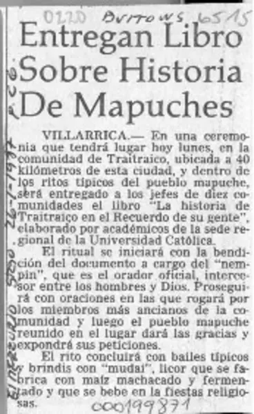 Entregan libro sobre historia de mapuches  [artículo].