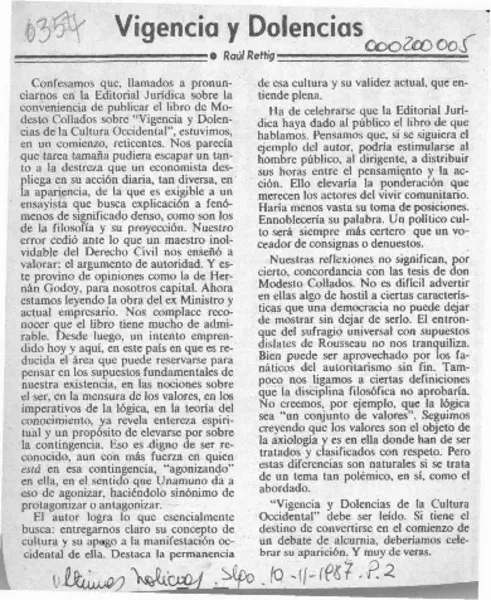 Vigencia y dolencias  [artículo] Raúl Rettig.