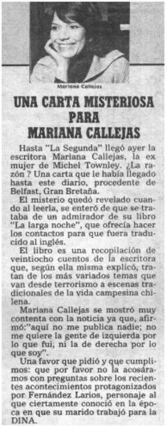 Una Carta misteriosa para Mariana Callejas  [artículo].
