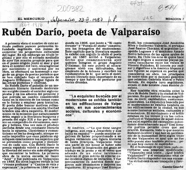 Rubén Darío, poeta de Valparaíso  [artículo] Gastón Gauché.