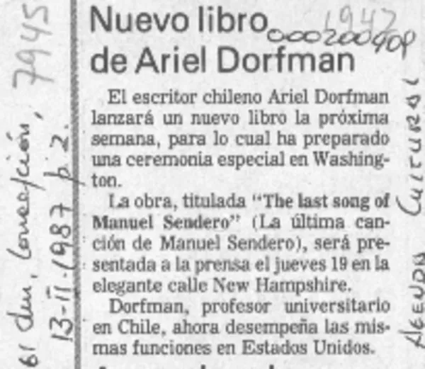 Nuevo libro de Ariel Dorfman  [artículo].
