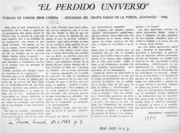"El perdido universo"  [artículo] Edilberto Domarchi.