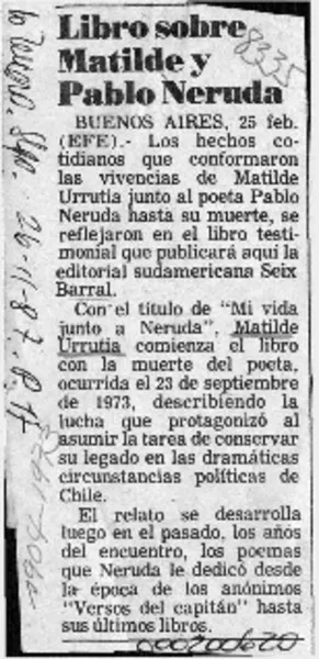 Libro sobre Matilde y Pablo Neruda  [artículo].