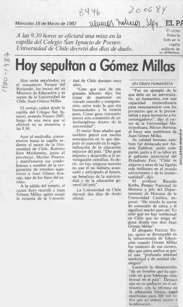 Hoy sepultan a Gómez Millas  [artículo].